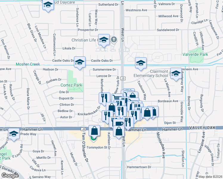 map of restaurants, bars, coffee shops, grocery stores, and more near 8248 Onyx Court in Stockton