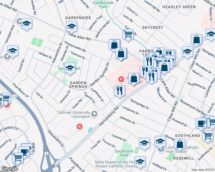 map of restaurants, bars, coffee shops, grocery stores, and more near 2070 Garden Springs Drive in Lexington