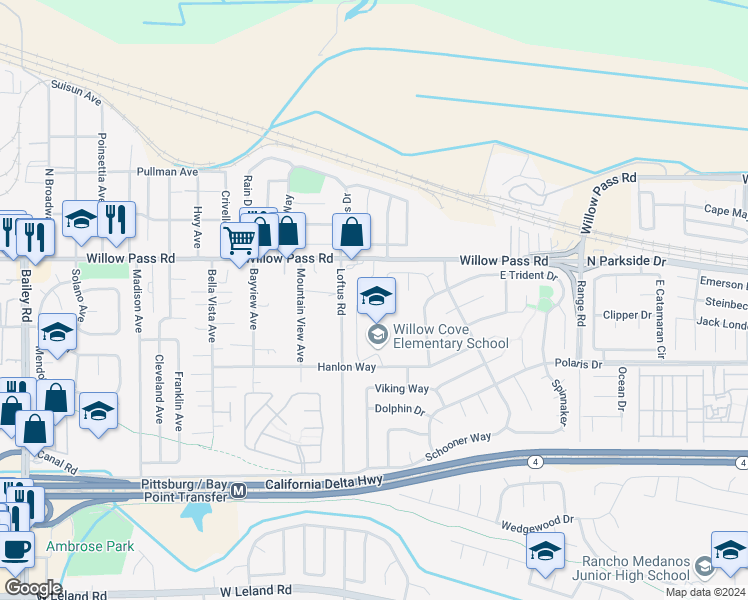 map of restaurants, bars, coffee shops, grocery stores, and more near 132 Harris Circle in Bay Point