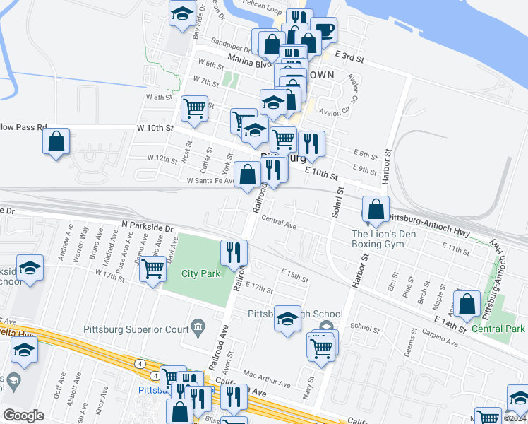 map of restaurants, bars, coffee shops, grocery stores, and more near 301 Central Avenue in Pittsburg