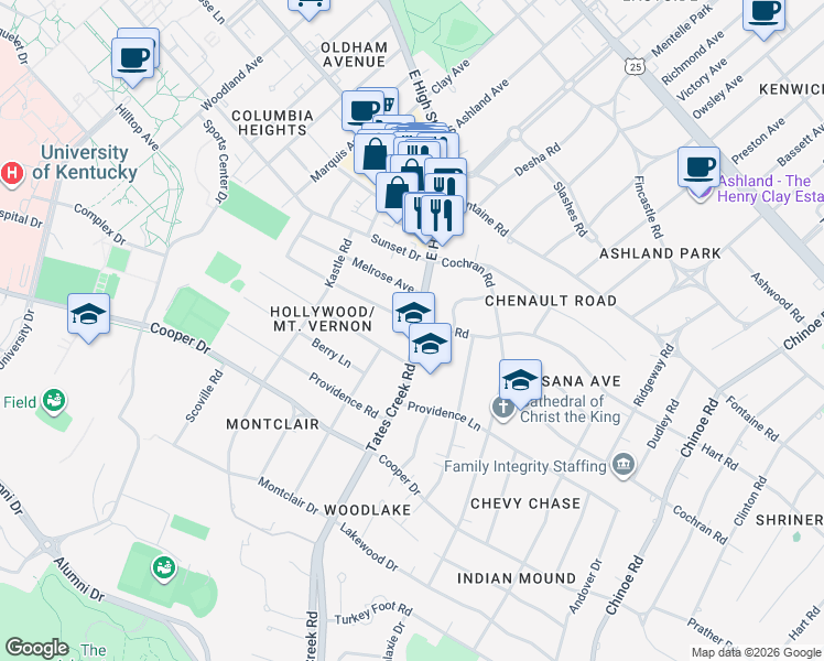 map of restaurants, bars, coffee shops, grocery stores, and more near 1125 Tates Creek Road in Lexington