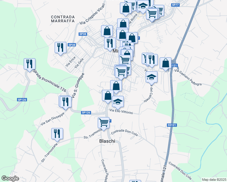 map of restaurants, bars, coffee shops, grocery stores, and more near 15 Via Renato Guttuso in Misilmeri