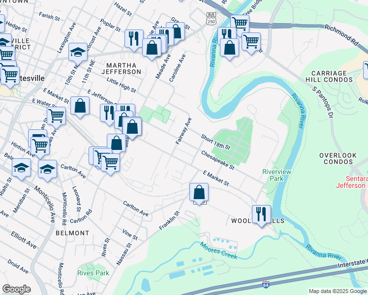 map of restaurants, bars, coffee shops, grocery stores, and more near 1416 Chesapeake Street in Charlottesville