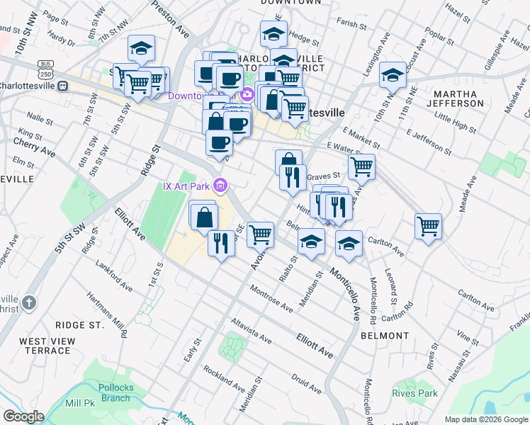 map of restaurants, bars, coffee shops, grocery stores, and more near 613 Monticello Avenue in Charlottesville