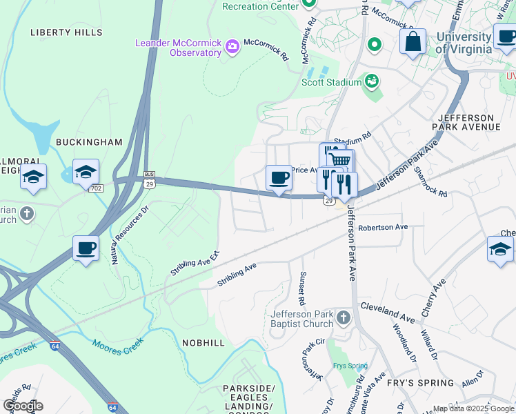 map of restaurants, bars, coffee shops, grocery stores, and more near 2500 Plateau Road in Charlottesville