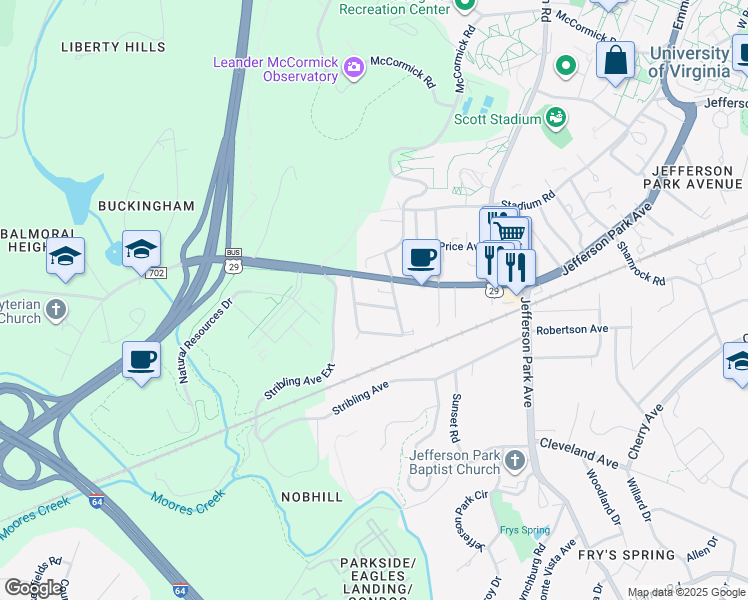 map of restaurants, bars, coffee shops, grocery stores, and more near 2514 Plateau Road in Charlottesville