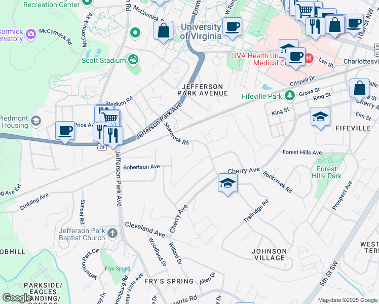 map of restaurants, bars, coffee shops, grocery stores, and more near 113 Stratford Court in Charlottesville