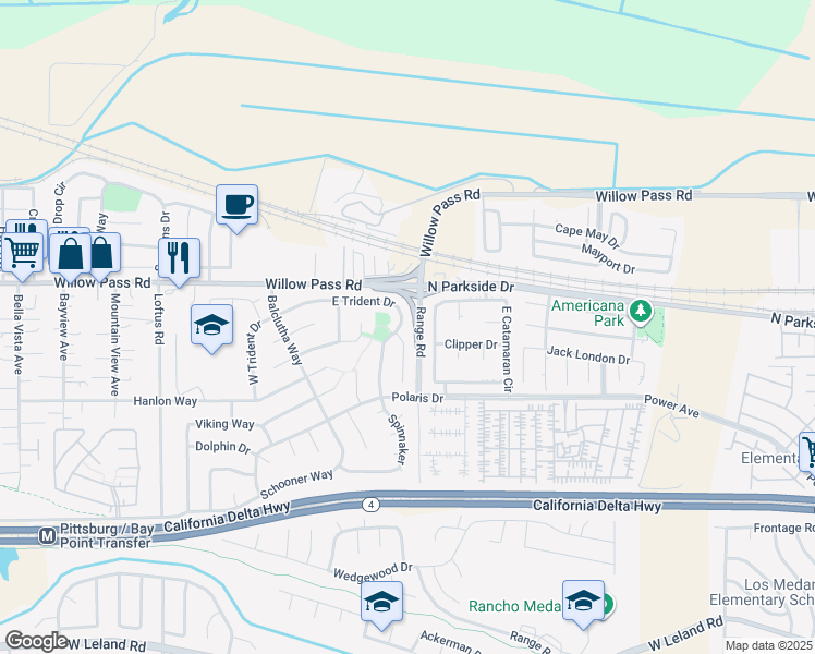 map of restaurants, bars, coffee shops, grocery stores, and more near 223 East Trident Drive in Pittsburg