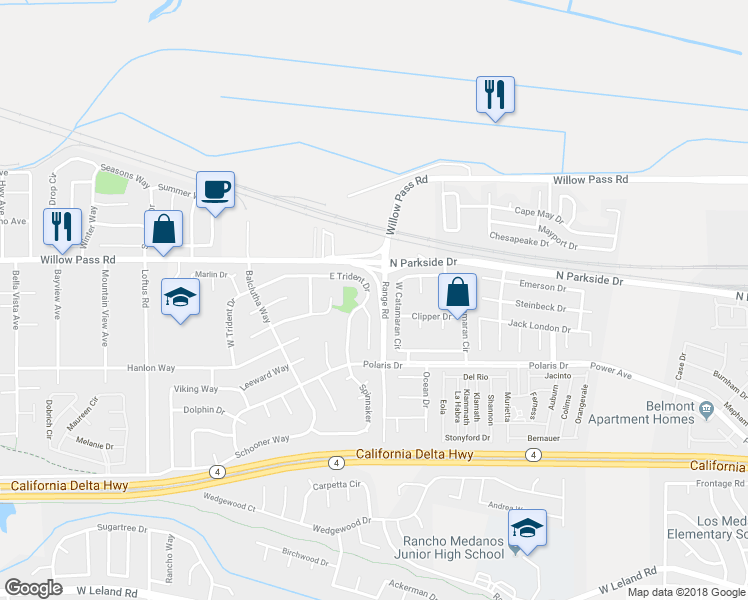 map of restaurants, bars, coffee shops, grocery stores, and more near 223 East Trident Drive in Pittsburg