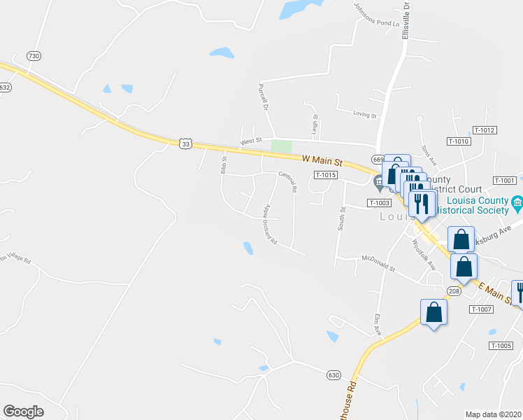 map of restaurants, bars, coffee shops, grocery stores, and more near 118 Apple Orchard Road in Louisa