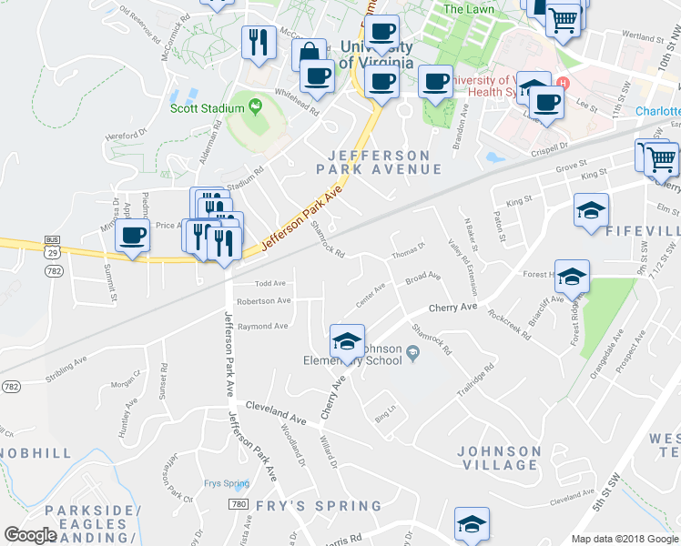 map of restaurants, bars, coffee shops, grocery stores, and more near 117 Stratford Court in Charlottesville
