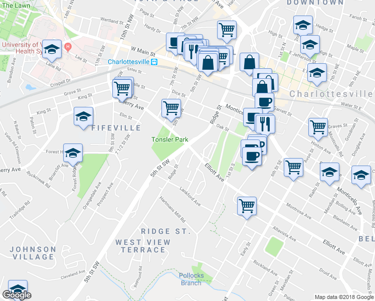 map of restaurants, bars, coffee shops, grocery stores, and more near 608 Ridge Street in Charlottesville