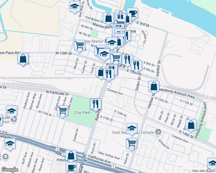 map of restaurants, bars, coffee shops, grocery stores, and more near in Pittsburg