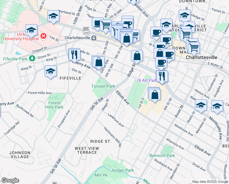 map of restaurants, bars, coffee shops, grocery stores, and more near 608 Ridge Street in Charlottesville