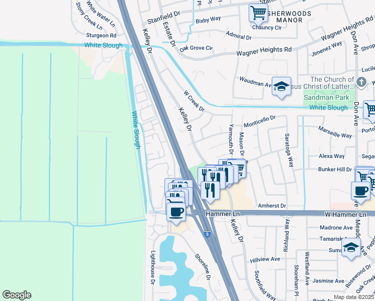 map of restaurants, bars, coffee shops, grocery stores, and more near 8449 Kelley Drive in Stockton