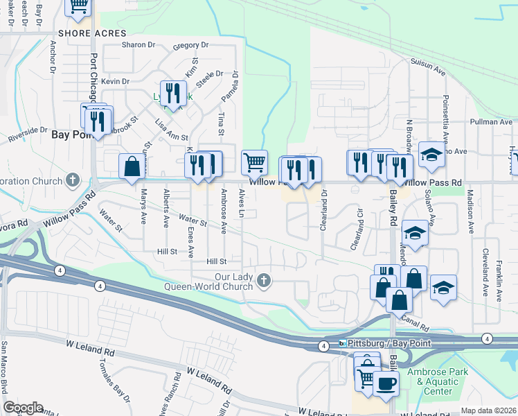 map of restaurants, bars, coffee shops, grocery stores, and more near 128 Tammy Circle in Bay Point