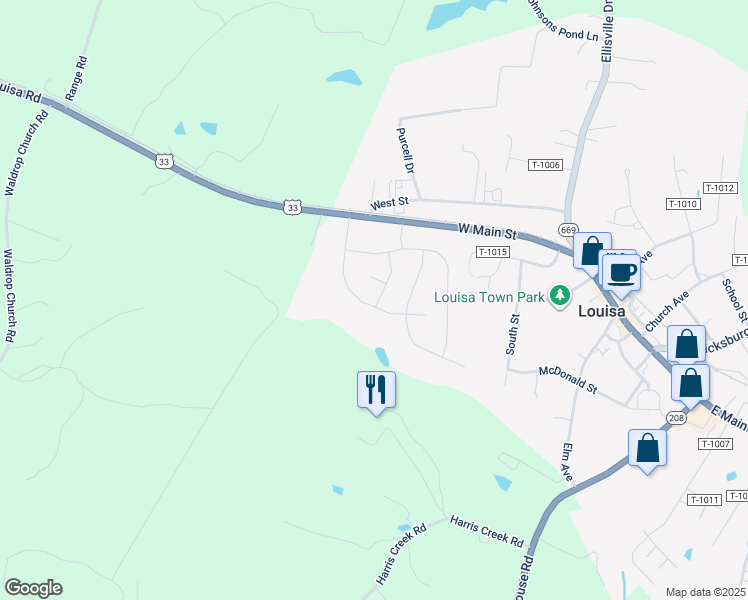 map of restaurants, bars, coffee shops, grocery stores, and more near 300 Bibb Street in Louisa