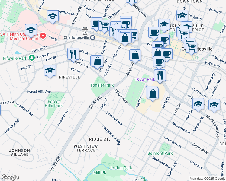 map of restaurants, bars, coffee shops, grocery stores, and more near 115 Penick Court in Charlottesville