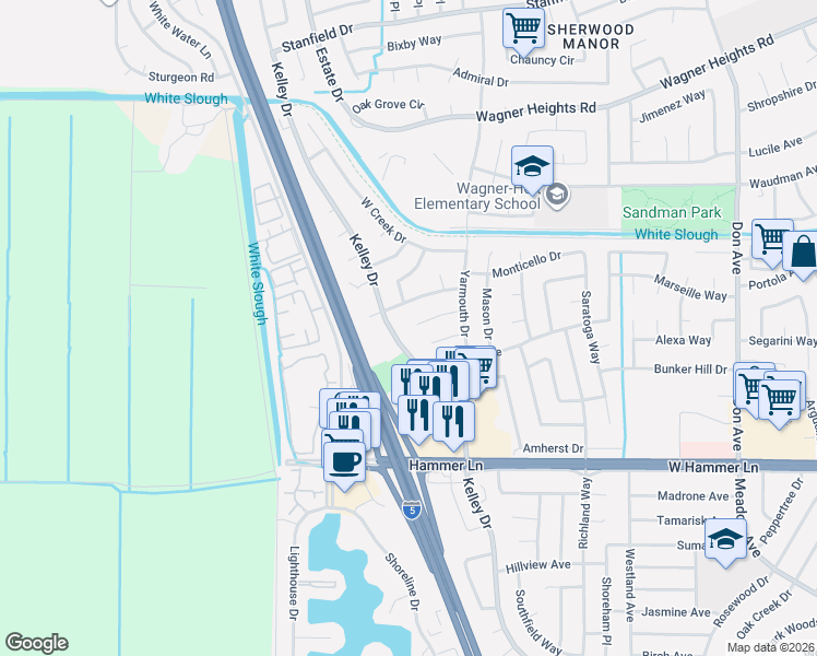 map of restaurants, bars, coffee shops, grocery stores, and more near 3253 Deerfield Court in Stockton
