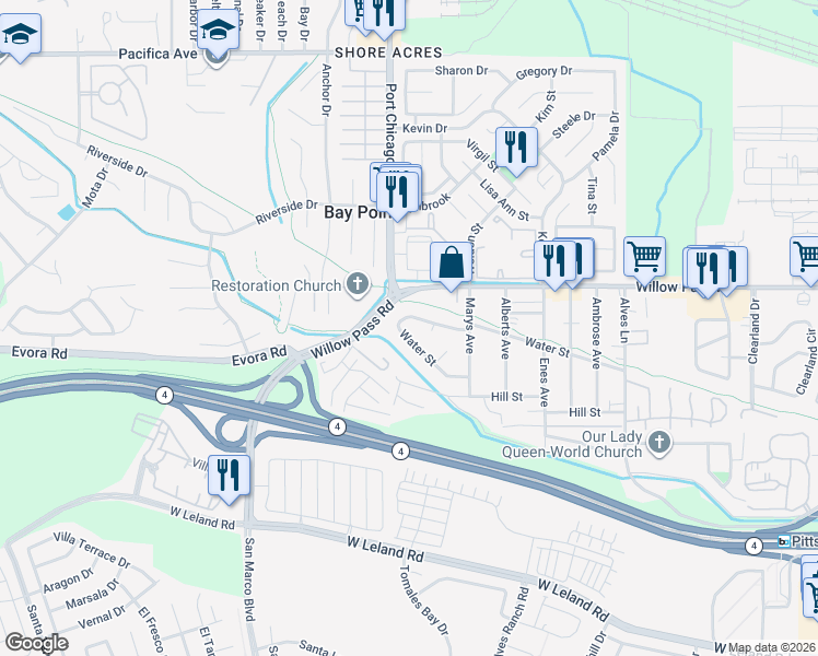 map of restaurants, bars, coffee shops, grocery stores, and more near 58 Water Street in Bay Point