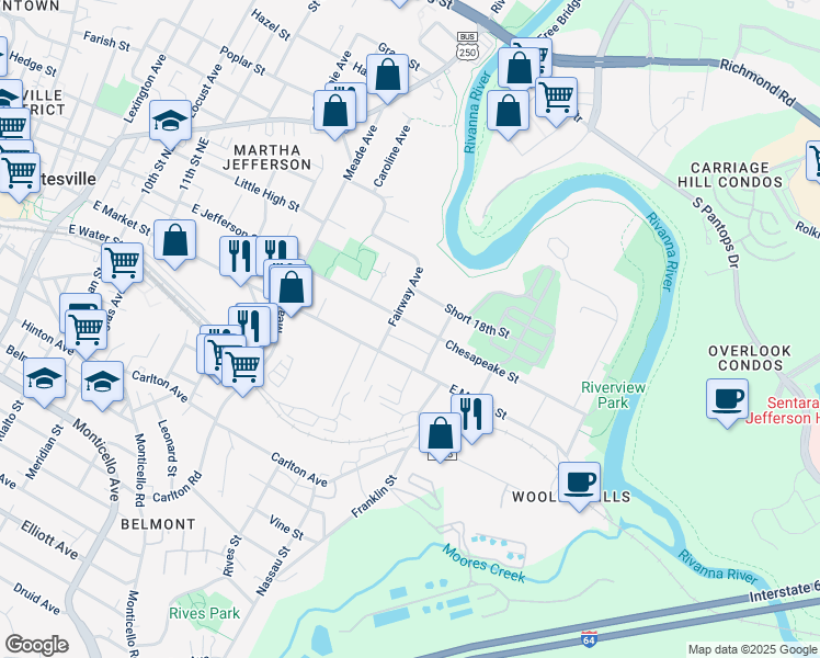 map of restaurants, bars, coffee shops, grocery stores, and more near 1406 Chesapeake Street in Charlottesville