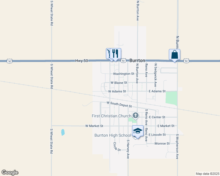 map of restaurants, bars, coffee shops, grocery stores, and more near North Colorado Avenue in Burrton