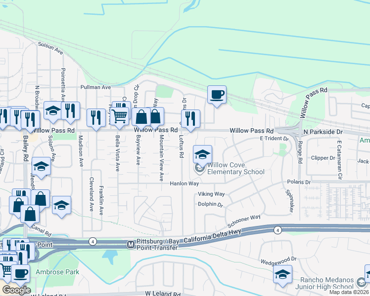 map of restaurants, bars, coffee shops, grocery stores, and more near 1880 Hanlon Way in Bay Point