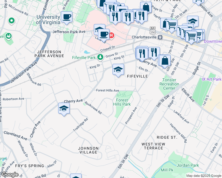 map of restaurants, bars, coffee shops, grocery stores, and more near 1041 Forest Hills Avenue in Charlottesville
