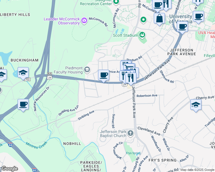 map of restaurants, bars, coffee shops, grocery stores, and more near 103 Piedmont Avenue South in Charlottesville