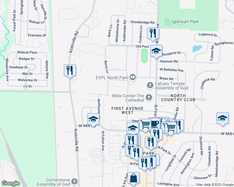 map of restaurants, bars, coffee shops, grocery stores, and more near 1000 Cross Gate Drive in Evansville