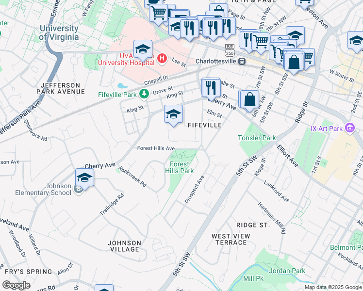 map of restaurants, bars, coffee shops, grocery stores, and more near 1019 Forest Hills Avenue in Charlottesville