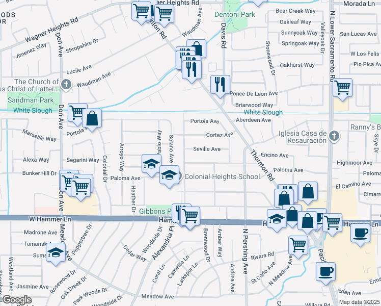 map of restaurants, bars, coffee shops, grocery stores, and more near 8308 Balboa Avenue in Stockton