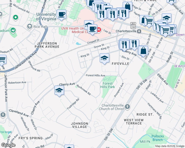 map of restaurants, bars, coffee shops, grocery stores, and more near 1041-1101 Forest Hills Avenue in Charlottesville