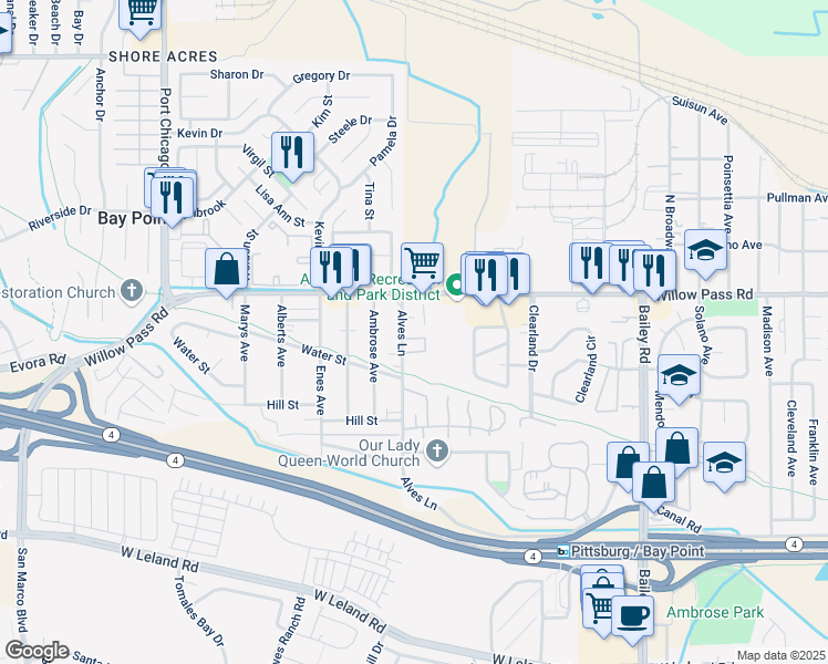map of restaurants, bars, coffee shops, grocery stores, and more near 84 Alves Lane in Bay Point