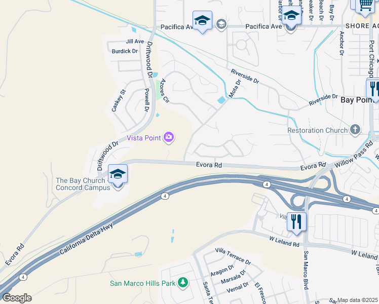 map of restaurants, bars, coffee shops, grocery stores, and more near 39 Rapallo Court in Bay Point