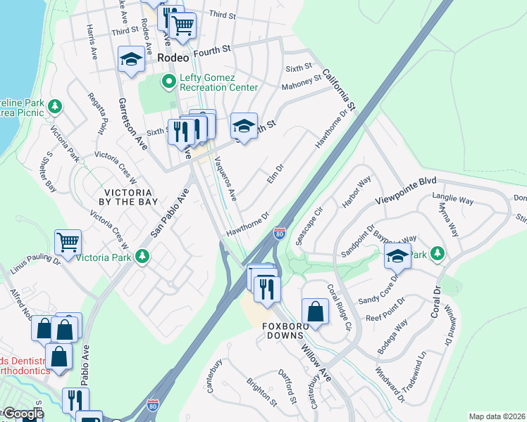 map of restaurants, bars, coffee shops, grocery stores, and more near 807 Hawthorne Drive in Rodeo