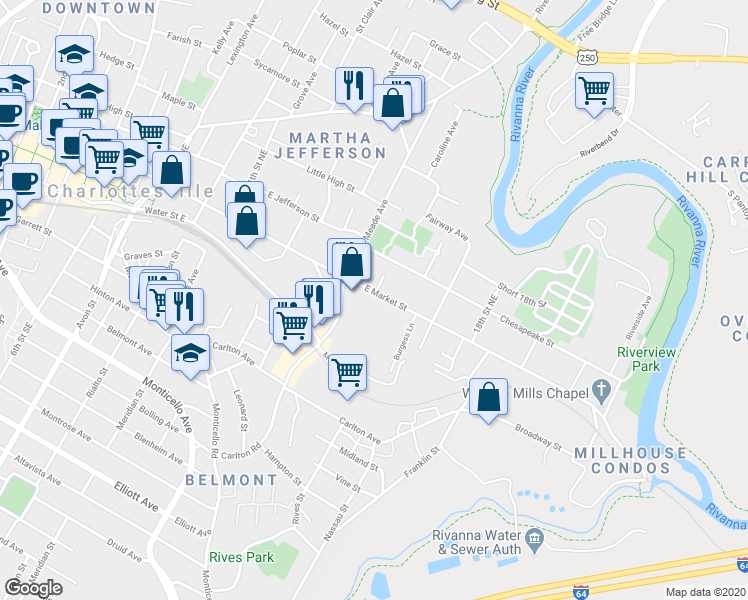 map of restaurants, bars, coffee shops, grocery stores, and more near 1320 East Market Street in Charlottesville
