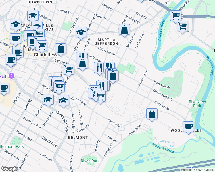 map of restaurants, bars, coffee shops, grocery stores, and more near 100 Meade Avenue in Charlottesville