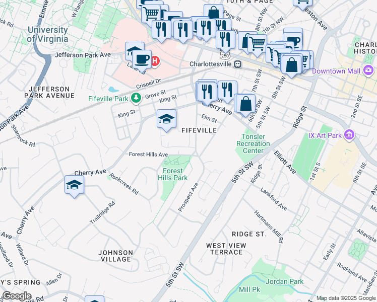 map of restaurants, bars, coffee shops, grocery stores, and more near 1022 Forest Hills Avenue in Charlottesville