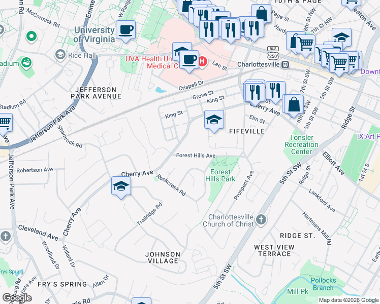 map of restaurants, bars, coffee shops, grocery stores, and more near 1041-1101 Forest Hills Avenue in Charlottesville