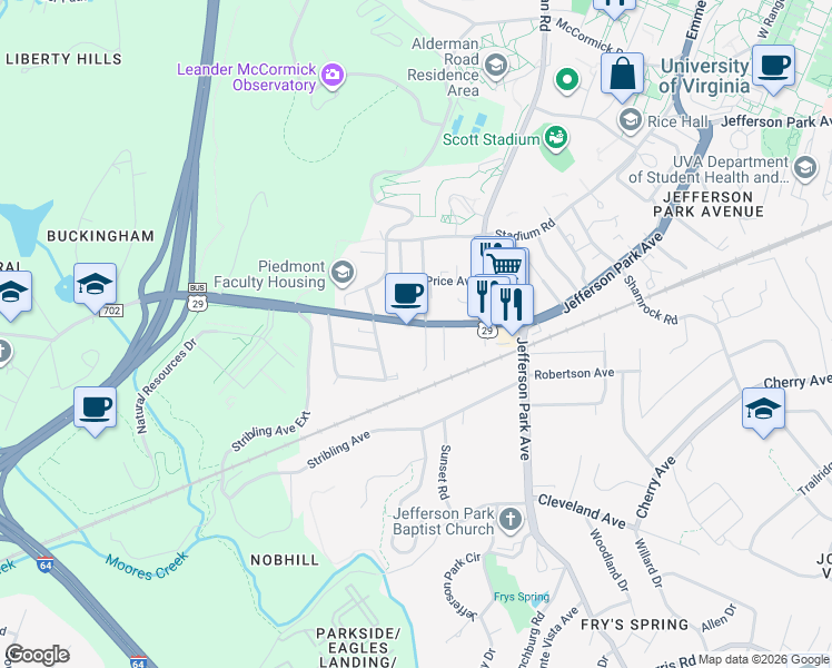 map of restaurants, bars, coffee shops, grocery stores, and more near 109 Piedmont Avenue South in Charlottesville