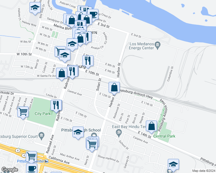 map of restaurants, bars, coffee shops, grocery stores, and more near 459 East Santa Fe Avenue in Pittsburg