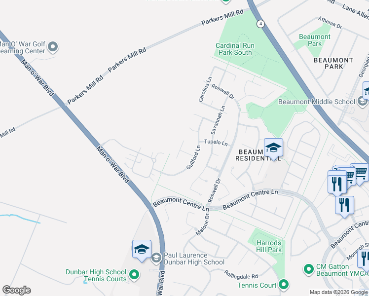 map of restaurants, bars, coffee shops, grocery stores, and more near 1404 Tuscany Lane in Lexington