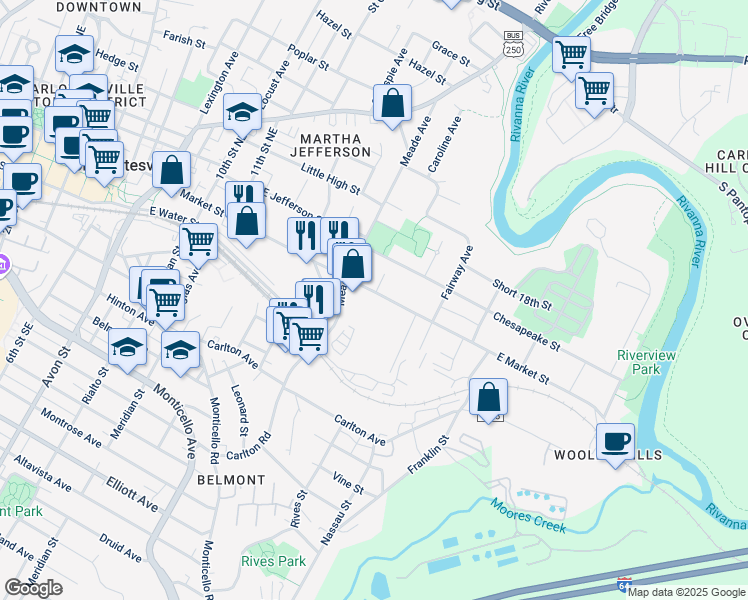 map of restaurants, bars, coffee shops, grocery stores, and more near 1310 East Market Street in Charlottesville