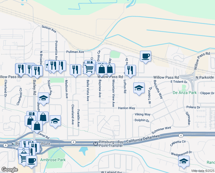 map of restaurants, bars, coffee shops, grocery stores, and more near 0 Mountain View Avenue in Bay Point