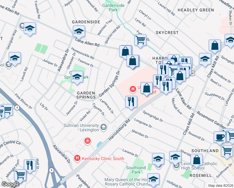 map of restaurants, bars, coffee shops, grocery stores, and more near 2070 Garden Springs Drive in Lexington