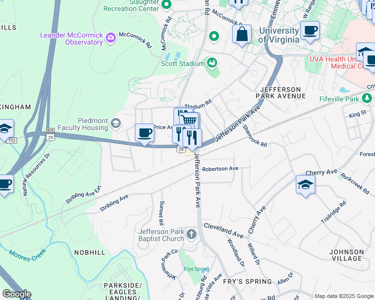 map of restaurants, bars, coffee shops, grocery stores, and more near 100 Lewis Street in Charlottesville