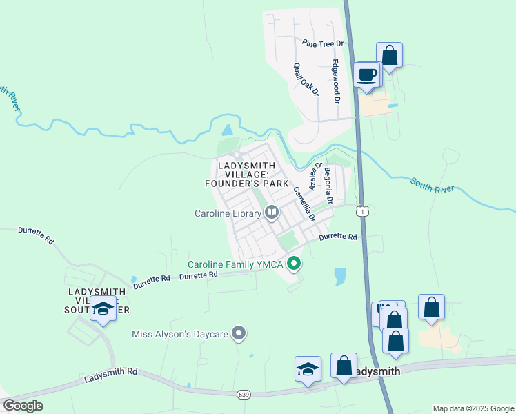 map of restaurants, bars, coffee shops, grocery stores, and more near 17224 Library Boulevard in Ruther Glen