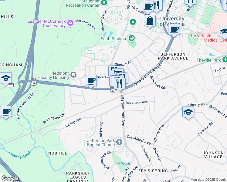 map of restaurants, bars, coffee shops, grocery stores, and more near Lewis Street in Charlottesville