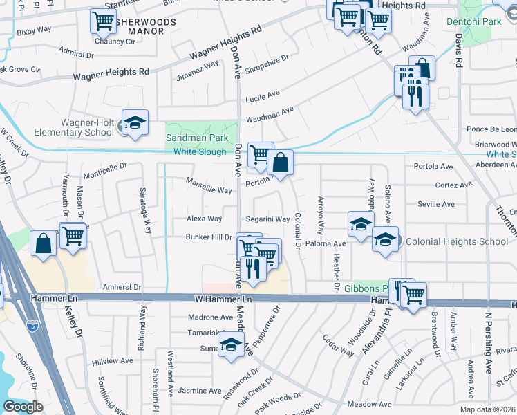 map of restaurants, bars, coffee shops, grocery stores, and more near 2302 Segarini Way in Stockton